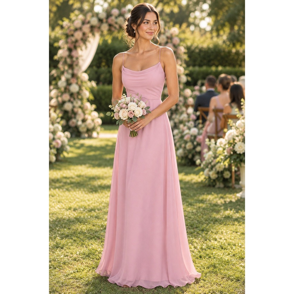 Azazie Daenerys Pink Chiffon Bridesmaid Dress cowl neck Size 8 Formal Gown